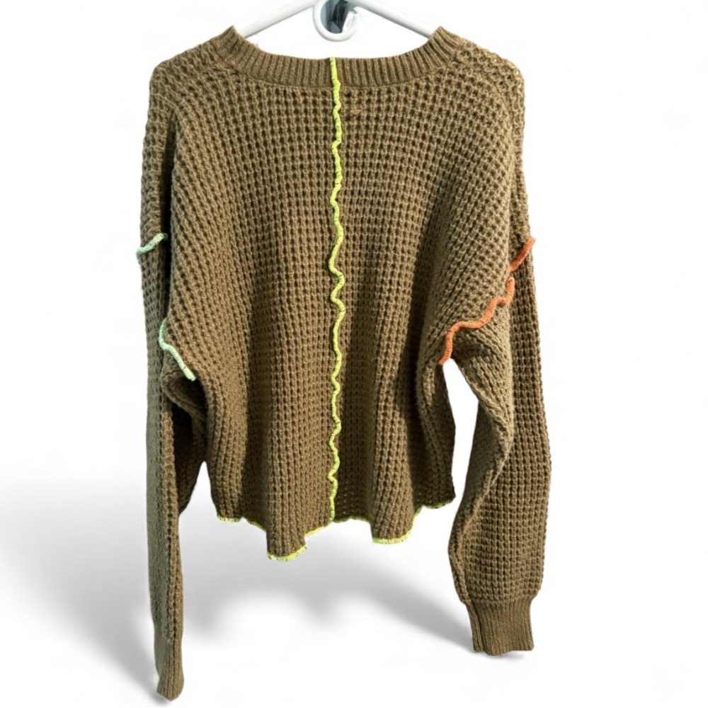 Olive Green Crewneck Waffle Knit Sweater with Contrast Trim - Picture 2 of 4